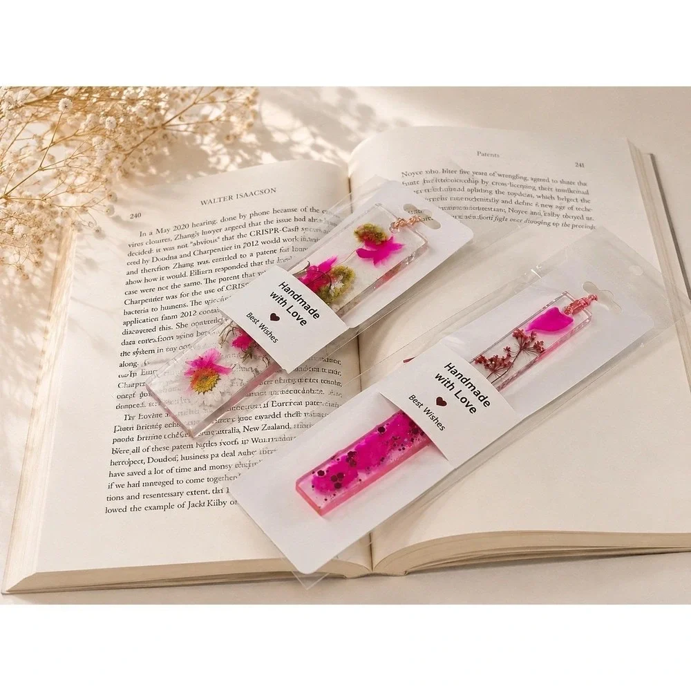 Handmade Resin Floral Bookmarks Real Pressed Flowers Pink Glitter Tassels Set 2